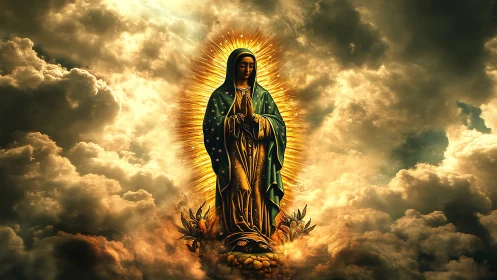 Radiant robed figure with golden halo amid dramatic storm clouds
