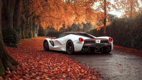 White supercar prowls through a fiery autumn tunnel of leaves.