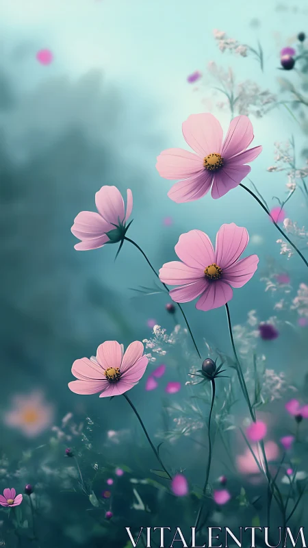Pink Cosmos Flowers Amid Turquoise Mist.