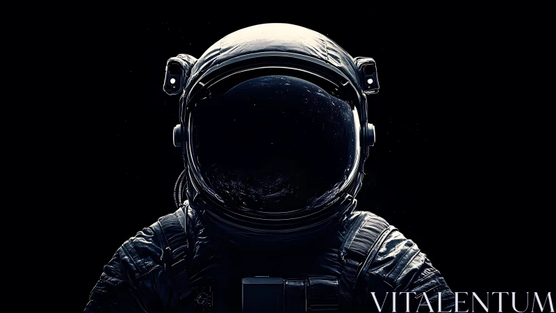 High-contrast astronaut portrait in void-centered composition.