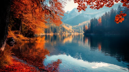 Mountain lake reflects dense autumn forest and bright sky