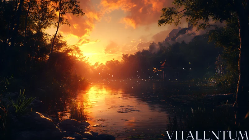 Sunset light floods calm forest river with glowing reflections