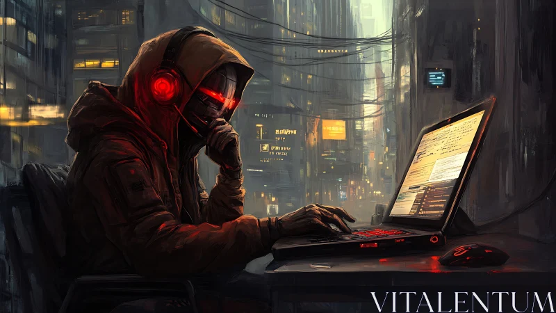 Cyberpunk hooded hacker at neon-lit terminal workstation.