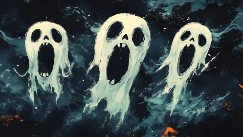 Three distorted spectral faces float against a dark backdrop