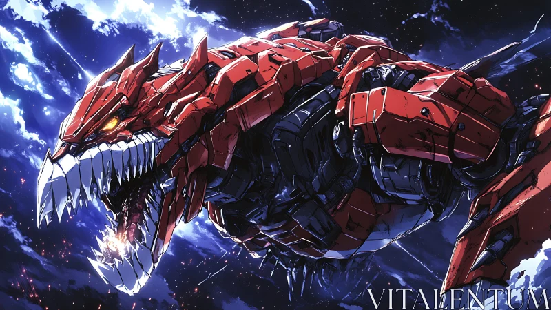 Red orbital mecha-dragon with exposed servos and plasma maw
