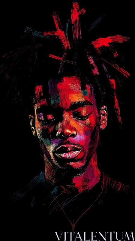 Vibrant neon portrait of pensive man on deep black field.