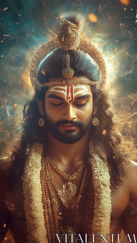 Radiant divine meditation in golden cosmic stillness.