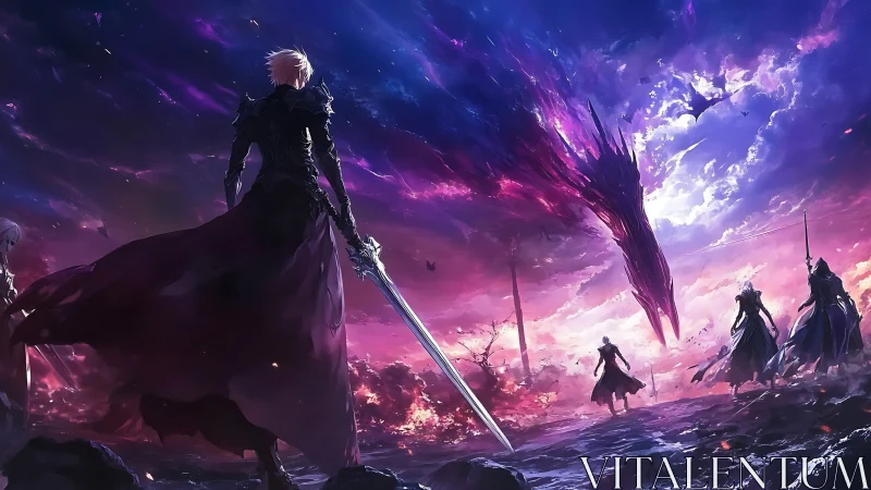 Starlit swordsmen facing a cosmic dragon in violet skies.