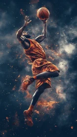 Dynamic basketball dunk rendered in fiery digital realism