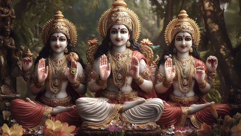 Radiant trinity of serene goddesses in a lush forest temple.