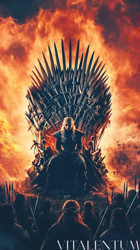 Fiery throne room crowns lone ruler above gathered warriors.
