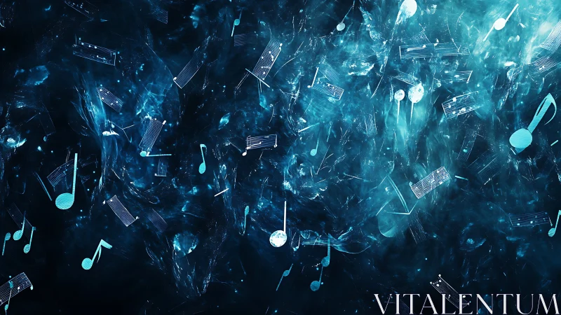 Musical notation symbols float across a blue abstract field