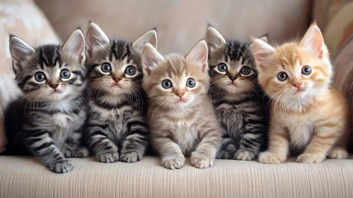 Five Adorable Kittens Sitting in a Perfect Row on Fabric