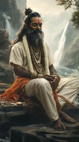 Meditating Himalayan sage sits by cascading mountain waterfalls