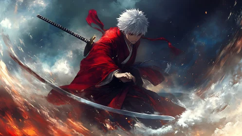 Dynamic anime swordsman in crimson robe amid storm vortex.