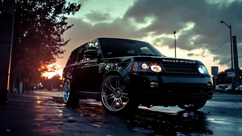 Black luxury SUV stands on wet city street at dusk