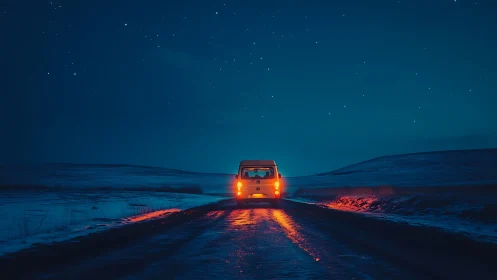 Van on snowy road under deep blue starry night sky.