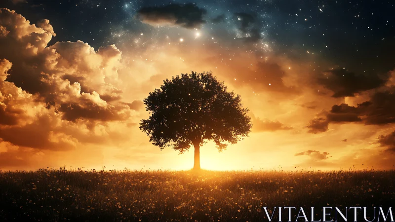 Lone tree under glowing sunset sky and starry horizon.