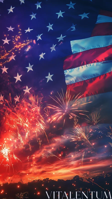United States flag overlay with pyrotechnic night sky display.