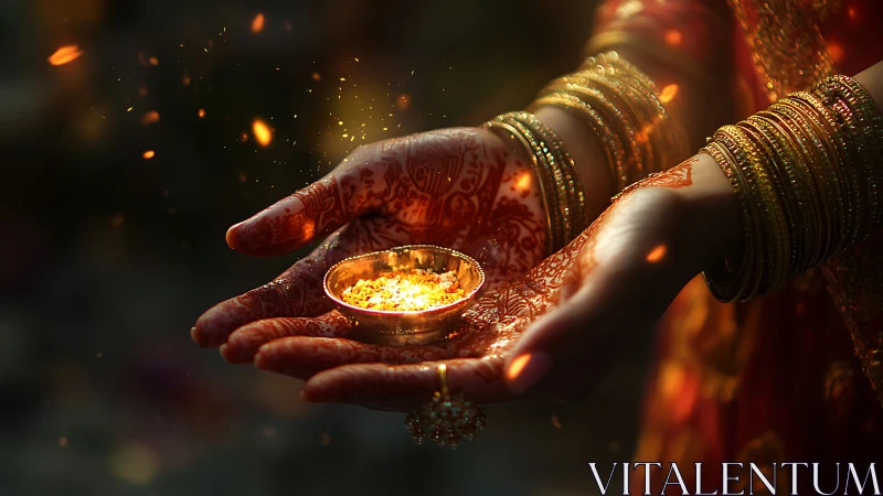 Henna-adorned hands cradle glowing ceremonial diya flame.