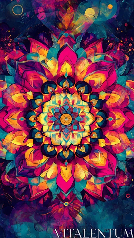 Kaleidoscopic lotus mandala in neon chromatic fusion palette.