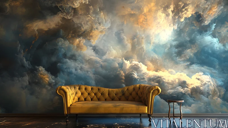 Velvet sofa drifting beneath a storm of painted heavens.