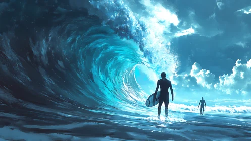 Surfers observe towering blue wave under dramatic sky.