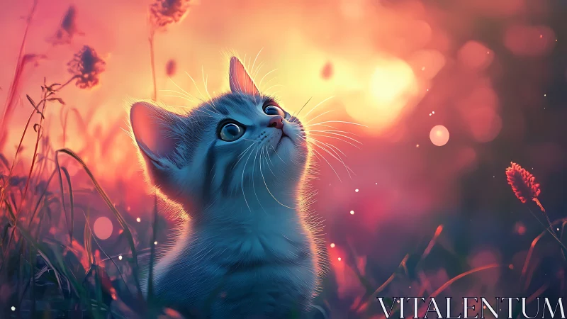 Blue Cat Gazes Skyward in Sunset Meadow.