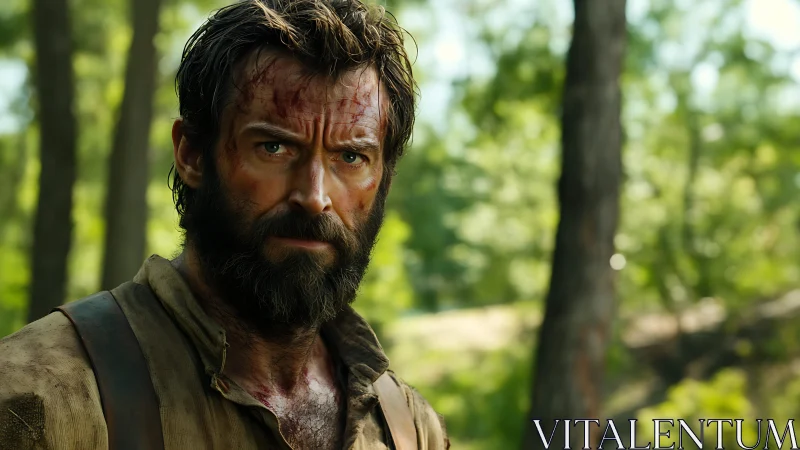 Battle-scarred woodsman studies the forest with quiet fury