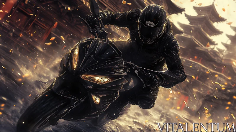 Motorcyclist leans into wet street drift amid golden debris