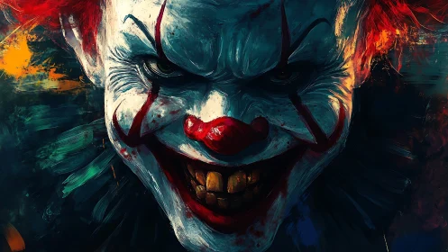 Sinister carnival clown grins through smeared neon darkness.