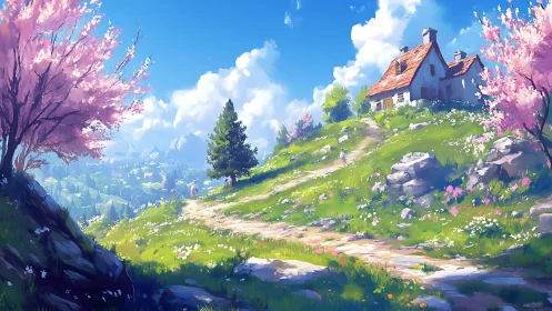 Springlit hillside cottage under atmospheric perspective sky.