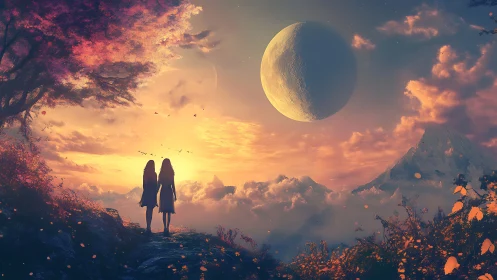 Two figures observe large crescent moon over clouded valley