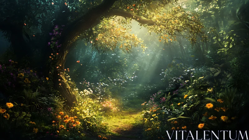 Enchanted Forest Path: Where Sunlight Dances Through Golden Leaves.