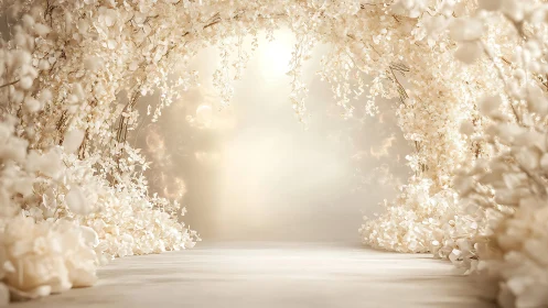 Dreamy white flower tunnel glowing with gentle golden light.