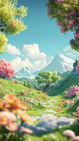 Colorful spring valley path below distant snowy mountains.