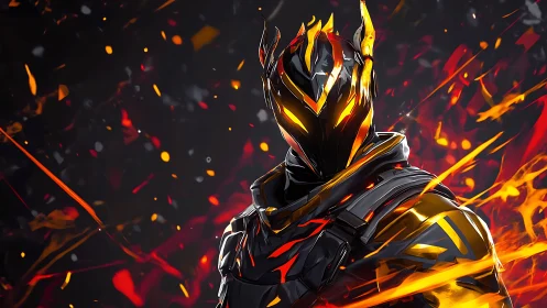 Armored fire warrior in glowing molten helmet and suit.