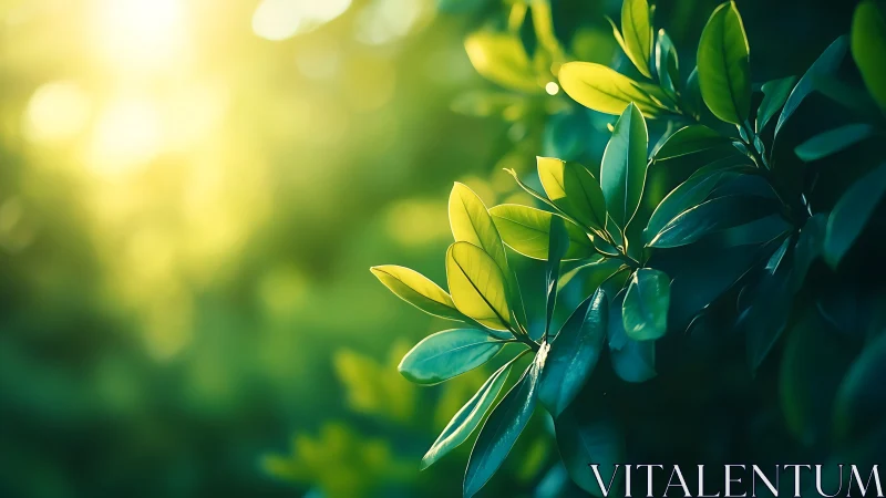 Sunlit Green Leaves with Soft Bokeh Background in Nature Style.