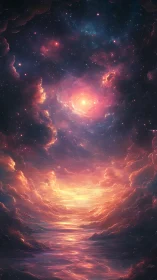 Nebulous sky corridor above reflective luminous water.