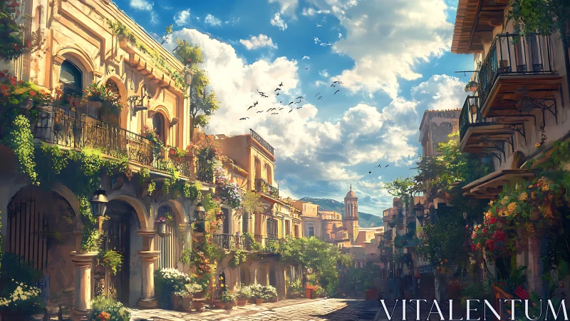 Sunlit Mediterranean street with lush floral balconies.