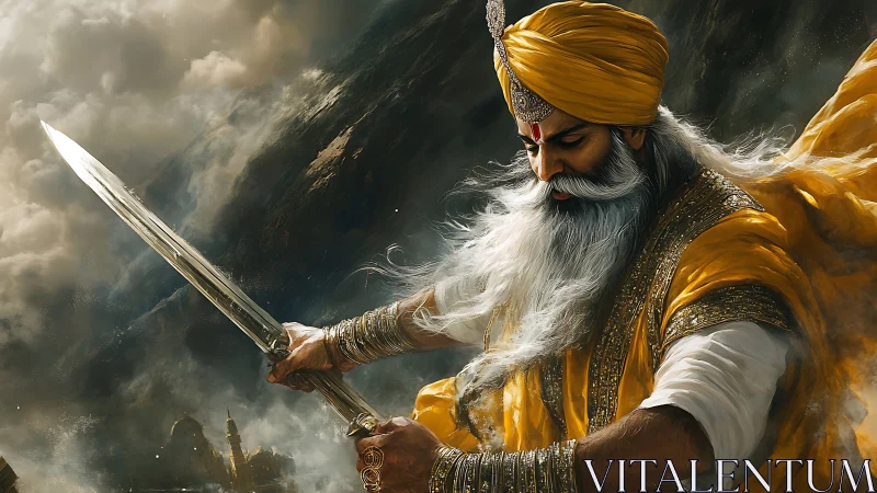 Warrior sage in golden robes readies a gleaming sword.