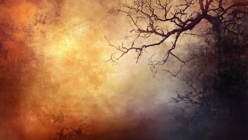 Lonely tree branches stretching into a glowing autumn mist.