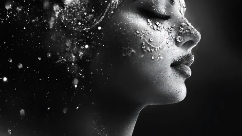 Stardusted profile drifts through a quiet monochrome cosmos