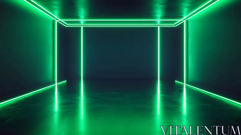 Neon green light lines define minimal futuristic hallway