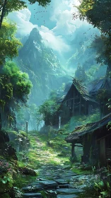Stone path leads through lush village toward misty peaks