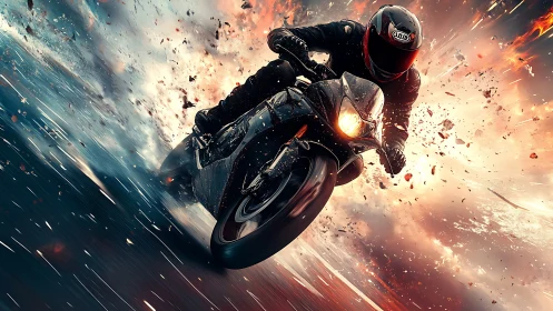 Sport motorcycle in high-speed lean with explosive debris field