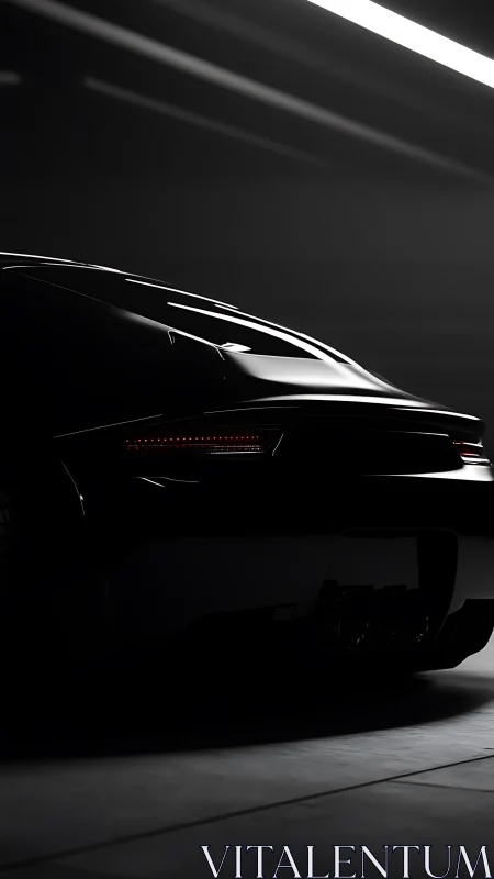 Rear quarter of black sports car lit by overhead strip light