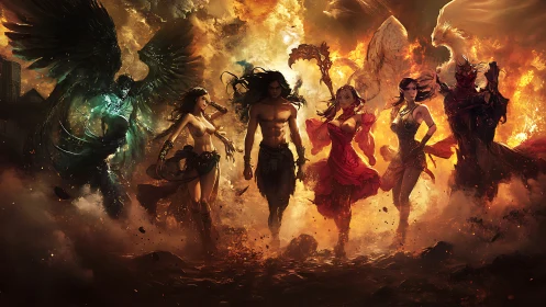 Elemental heroes stride through fire and shadow together.