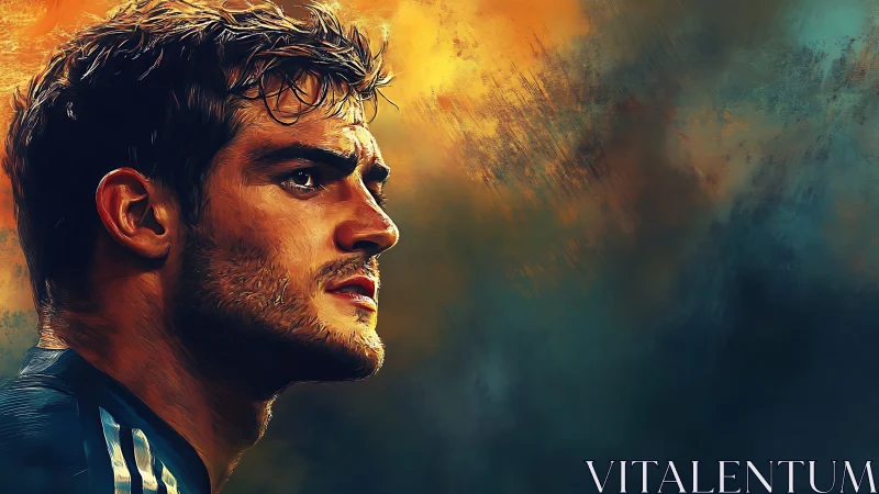 Focused male portrait against blazing abstract sky background