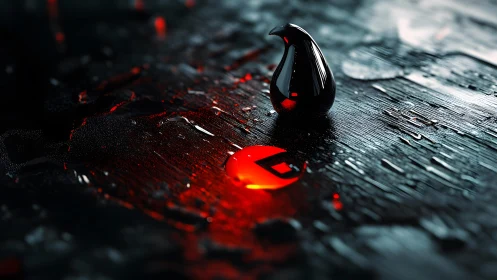 Futuristic black droplet and glowing red symbol on wet surface.